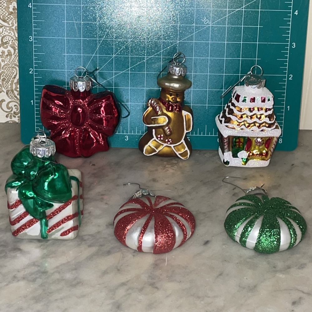 6 Radko Celebrations Hand Blown Ornaments Bow‎ Candy Gift Basket
